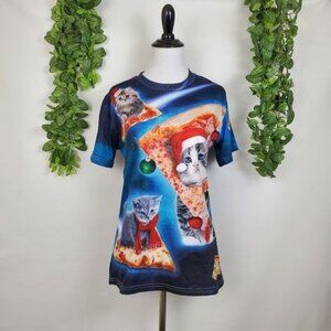 Space Cat Christmas Pizza T-shirt Holiday Festive Size Medium Short Sleeve